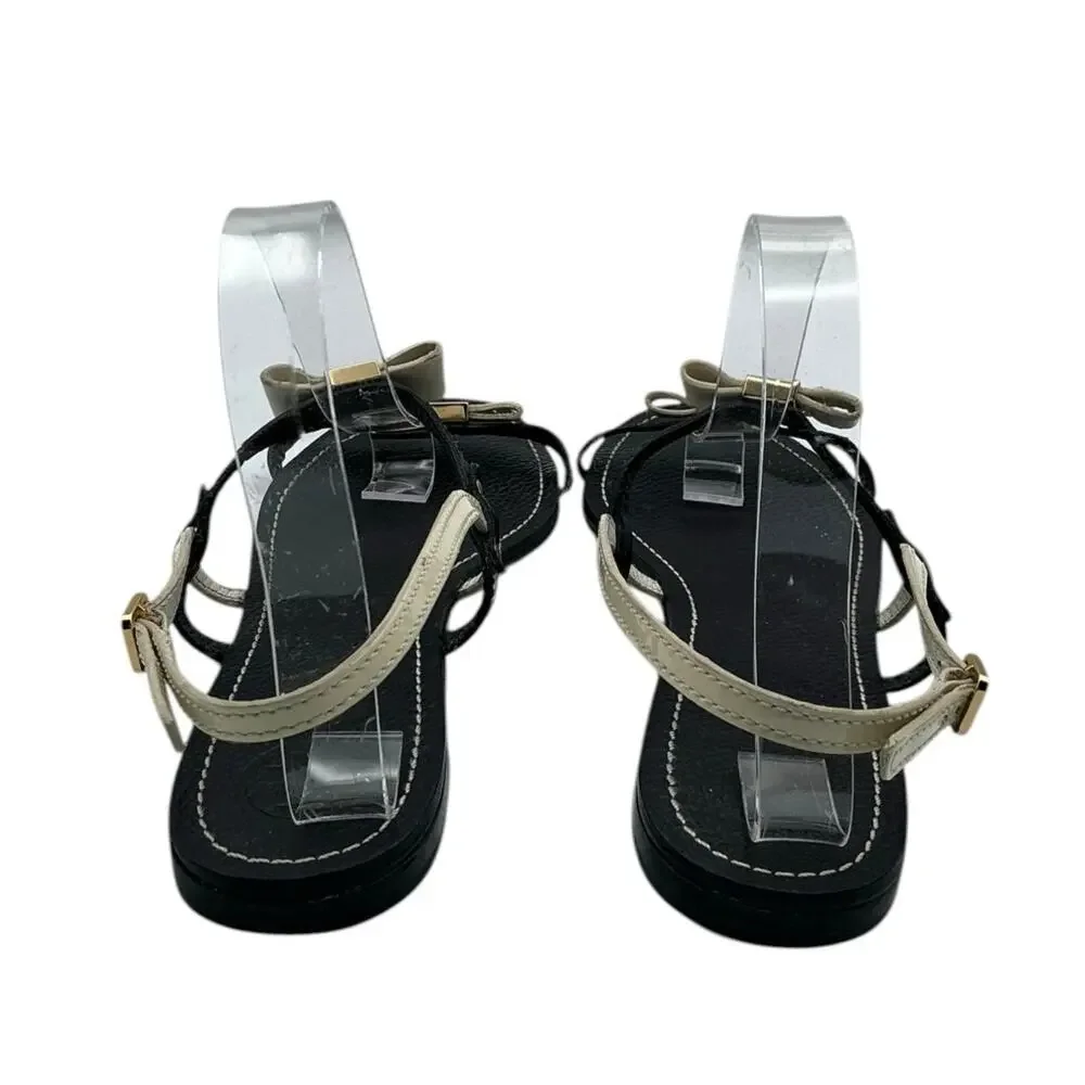 Tory Burch Kailey Bow Strappy Sandal Leather Black Cream Logo 10‎